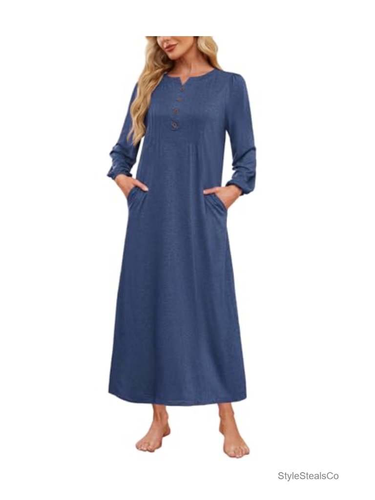 Cotton Blend Long Sleeve Button V Neck Nightgown With Pockets